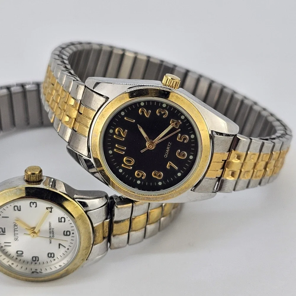 2X Women's Watches 24-25MM Gray Black Dial Two‎ Tone Bracelet 6.25
